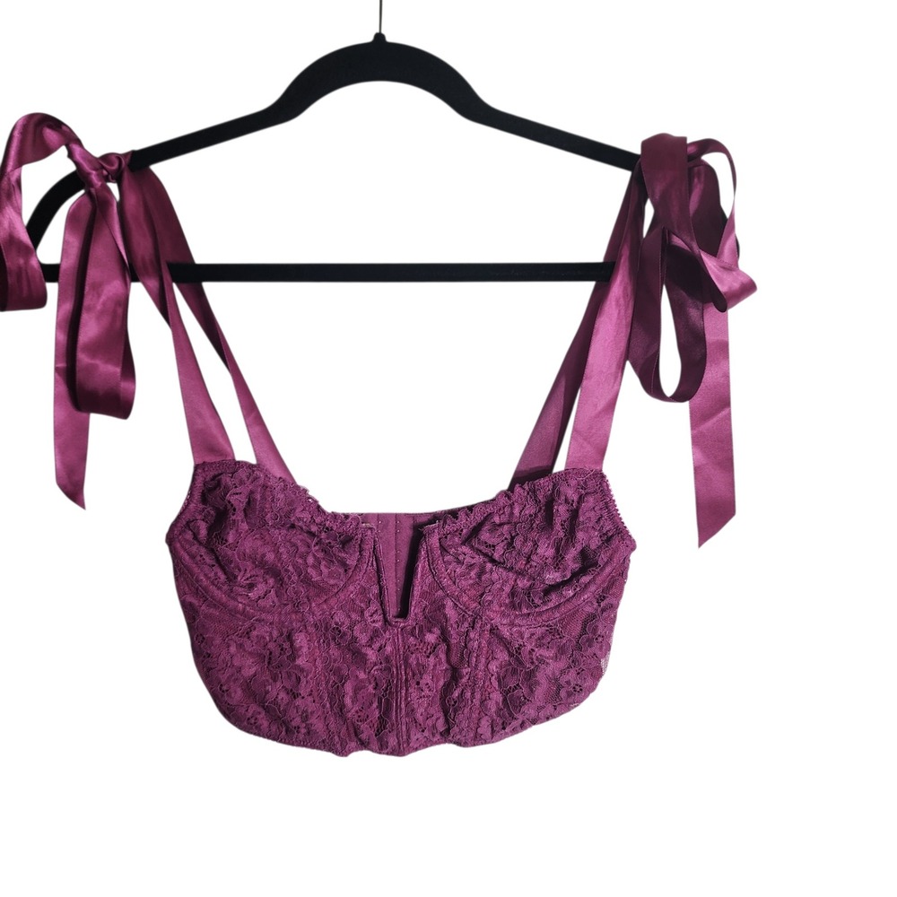 Out From Under Purple Lace Corset Top Satin Ribbon Tie Straps Berry Small